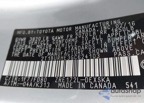 2016 Toyota Corolla S Plus z USA, uszkodzony, nr VIN 2T1BURHE3GC624103